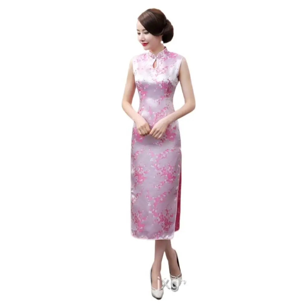 Floral Print Cheongsam Dresses Mandarin Collar Vintage Bodycon Dresses Maxi Chinese Style Chinese Qipao Evening Dress - Seprincess