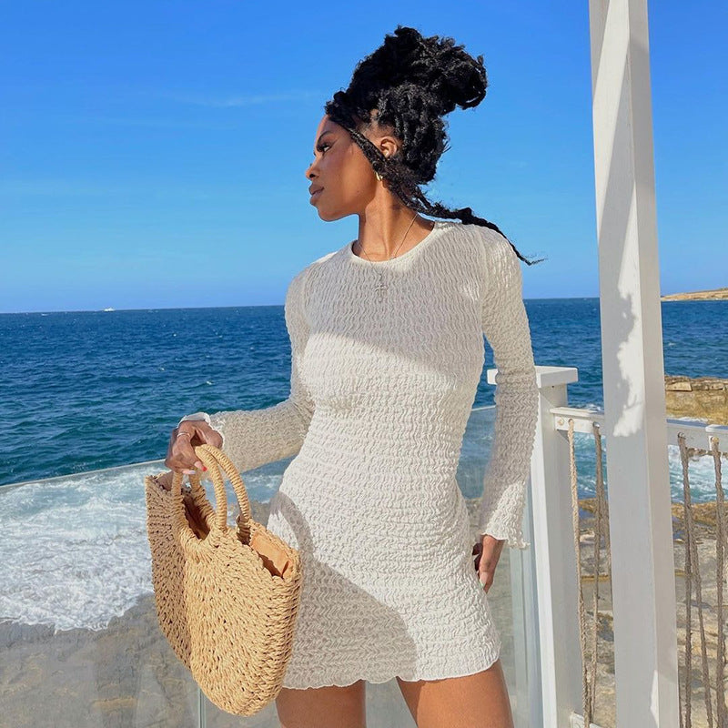 wsevypo Backless Bandage White Beach Dress 2022 New Holiday Casual Streetwear Women Long Sleeve O-Neck Wrap Short Dresses - Seprincess