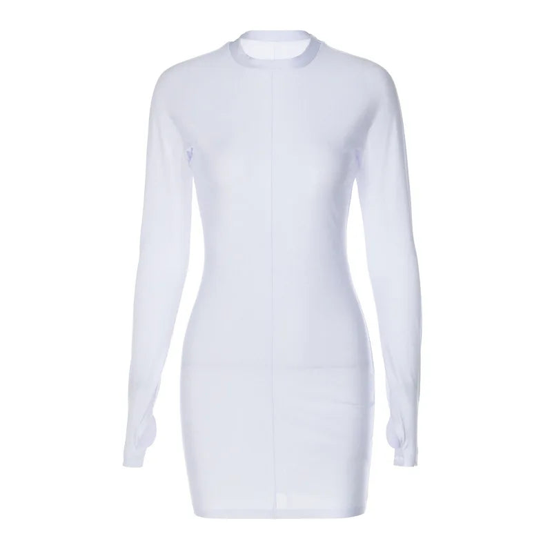 OMSJ Elegant Solid White Bodycon Mini Dress Club Party Sexy Outfits for Women Spring Long Sleeve Dresses With Glove - Seprincess