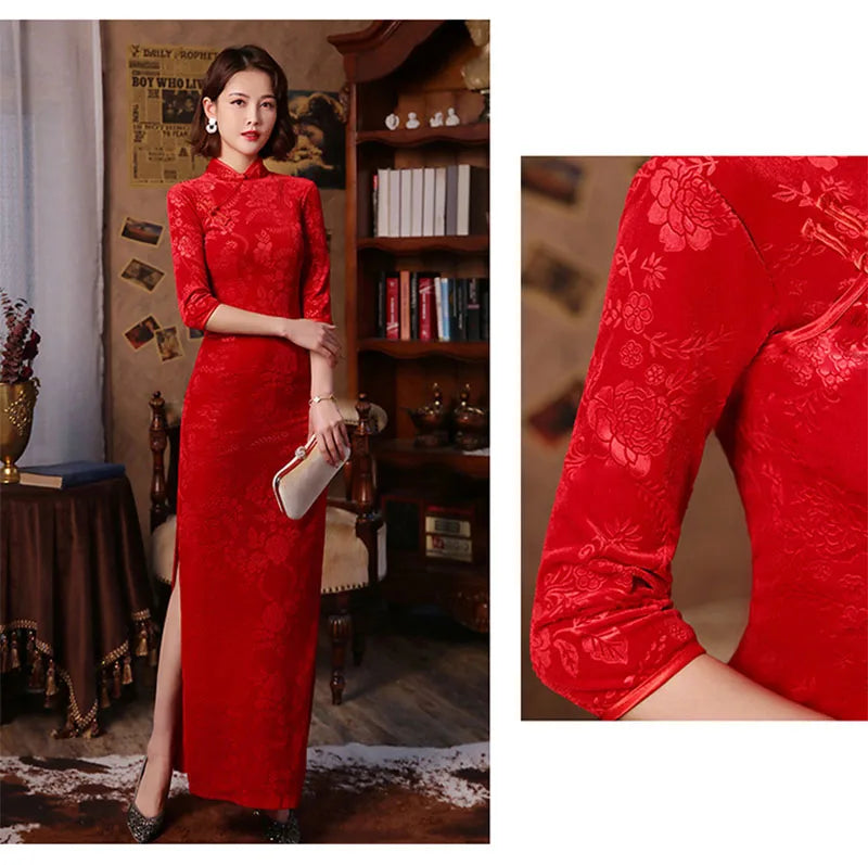 Red 3/4 Sleeve Long Cheongsam Velvet Slim Mother Dress Elegant Traditional Evening Dresses Qipao - Seprincess