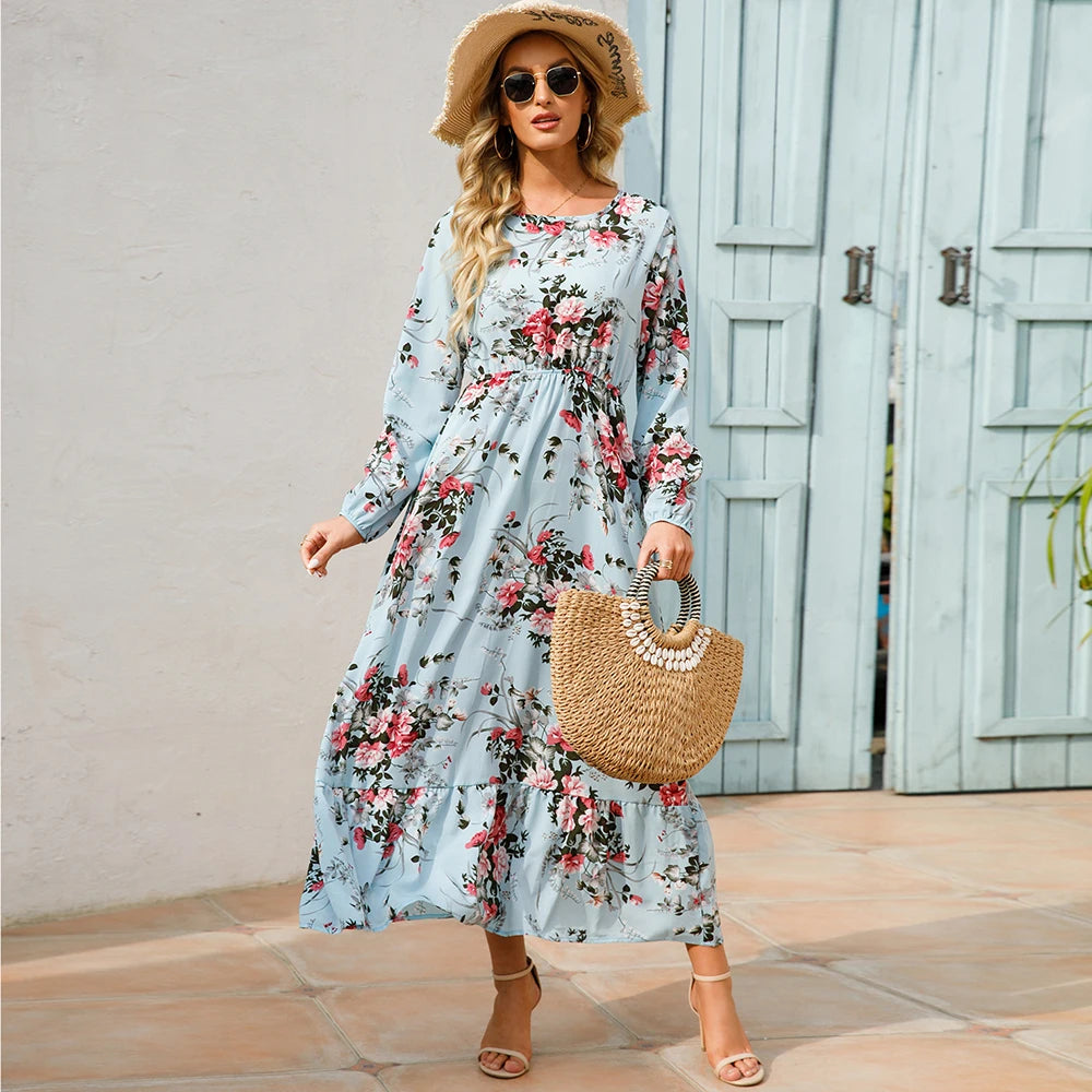 Women Maxi Dresses Sping Autumn Bohemian Casual Full Sleeve High Waist Beach Woman Chiffon Dresses Floral Vestidoes Long Dress - Seprincess