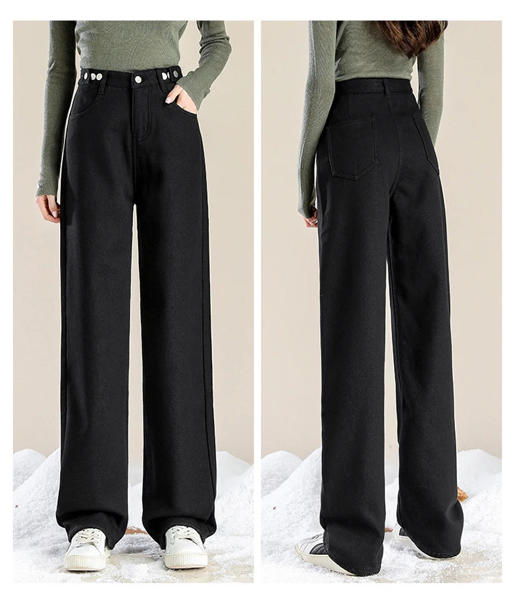 Women Pants 2023 Winter Fashion Korean Edition New Style Versatile High Waist Straight Cylinder Thick Fleece Wide Leg Jeans