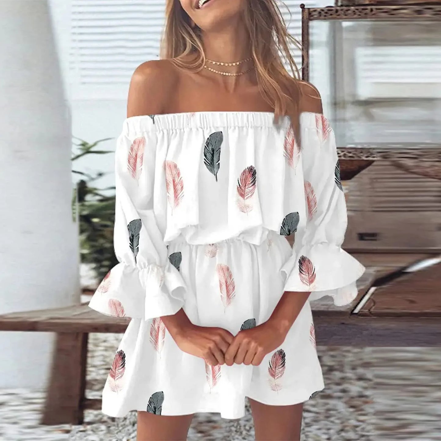 Boho Dresses for Women 2023 Summer Sexy Off Shoulder Floral Print Flare Sleeve Tunic Dress Women Casual Mini Sundress Vestido - Seprincess