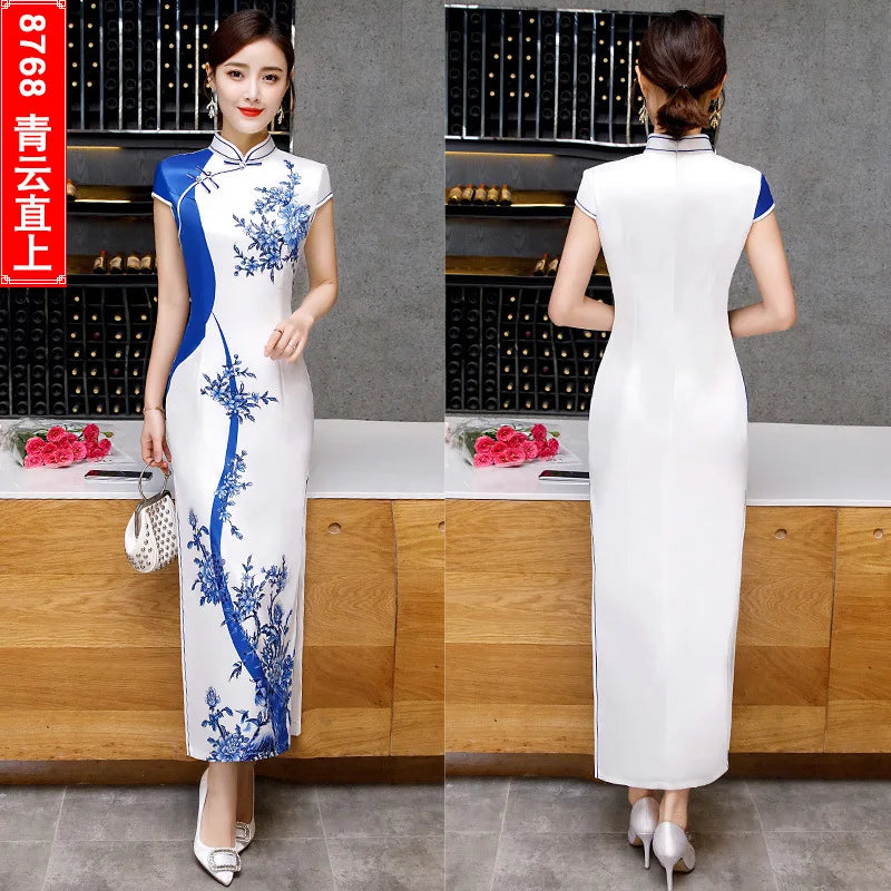 Summer Lady Short Sleeve Qipao Chinese Traditional Women Party Dress Female Elegant Print Vintage Button Cheongsam - Seprincess