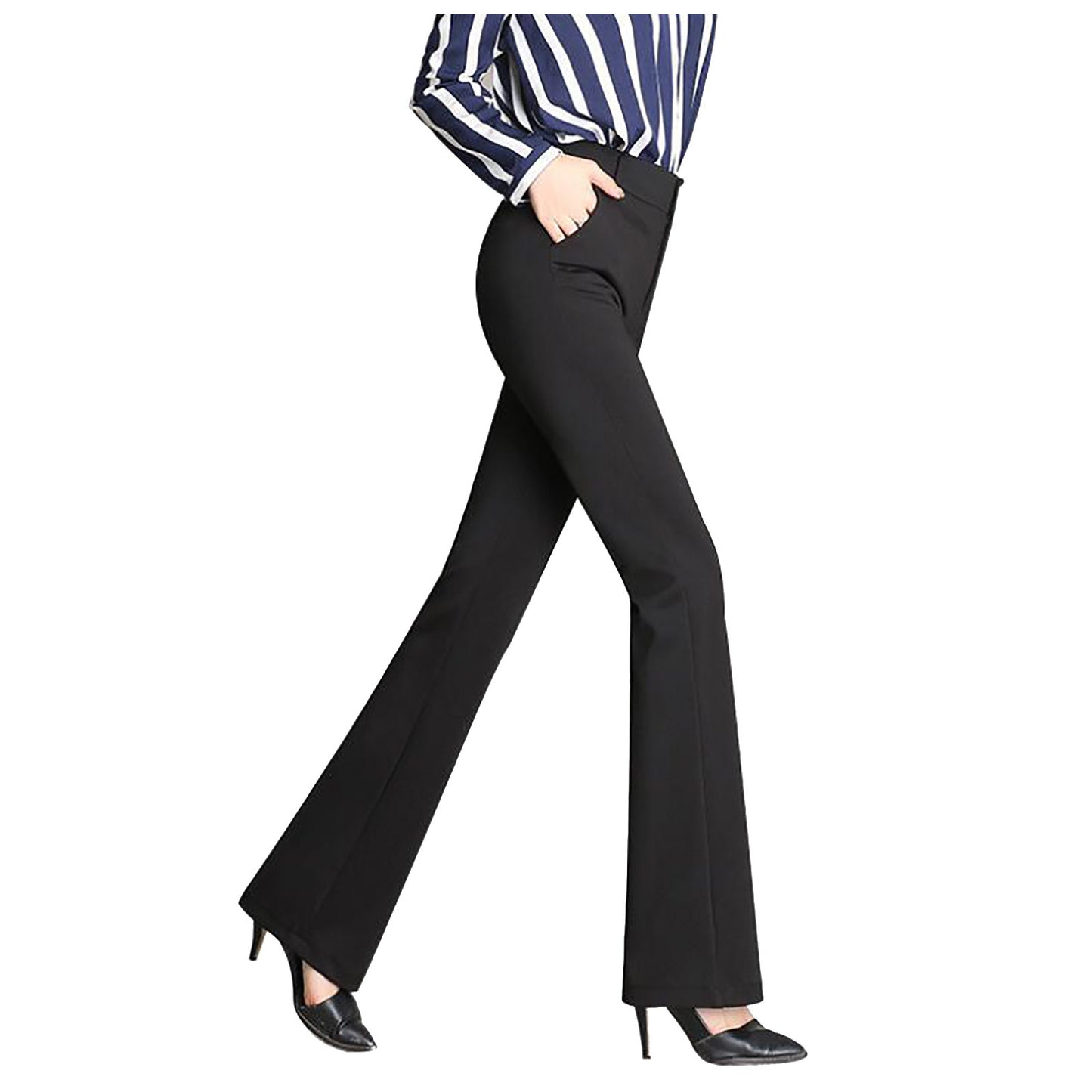 Autumn and Winter Women Pockets High Waist Solid Straight-leg Pants Long Trousers Flared Pants