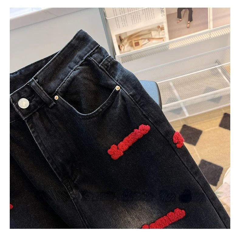 Black and Red Letter Embroidered Jeans Female Y2K Spring and Autumn New High Waist Loose Couple Casual Slim Wide Leg Mop Pants