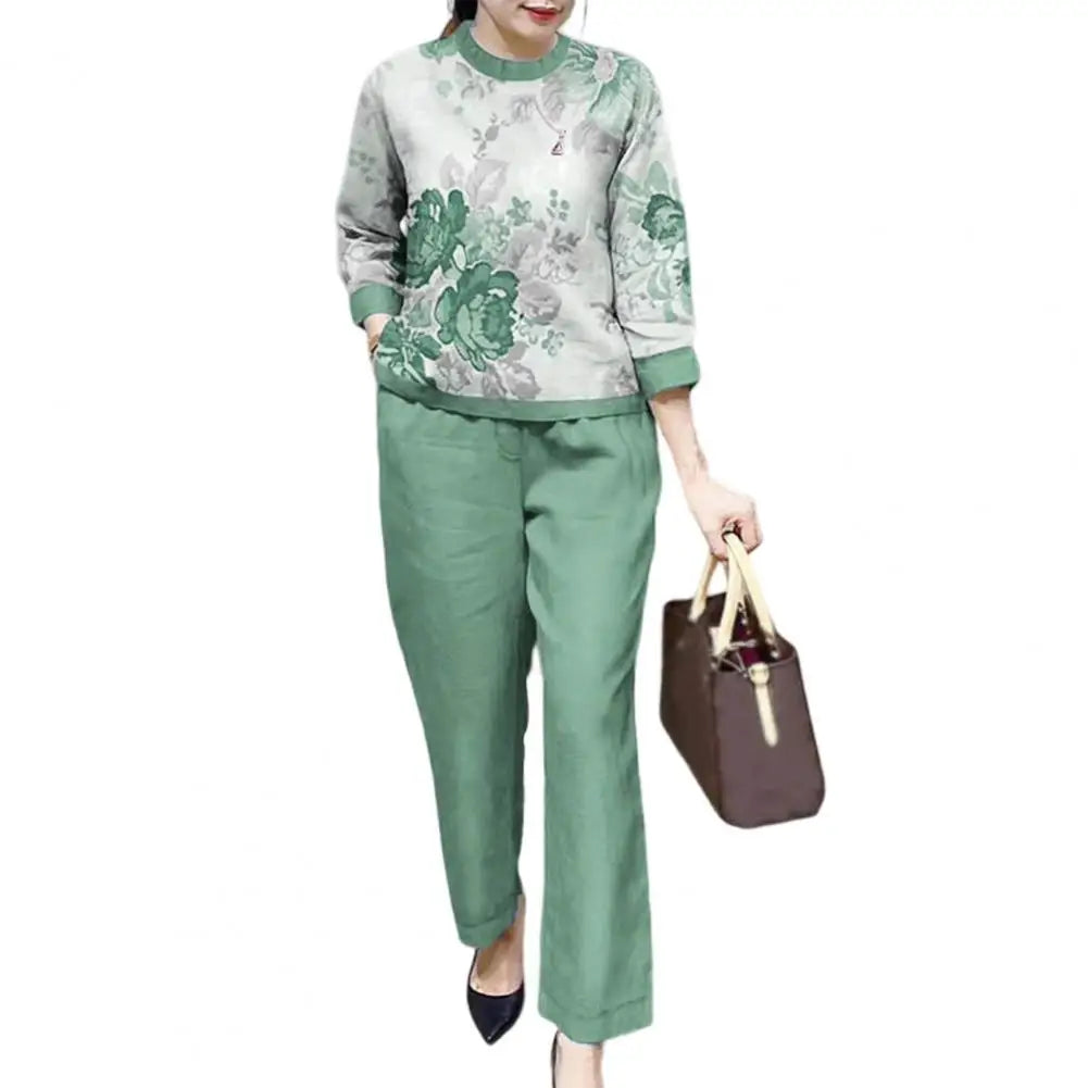 Fashion Women Loose Print Set Female Cotton Linen Outfits Commuter Elegant O-Neck Long Sleeve Tops Shirt And Straight Pants Suit - Seprincess