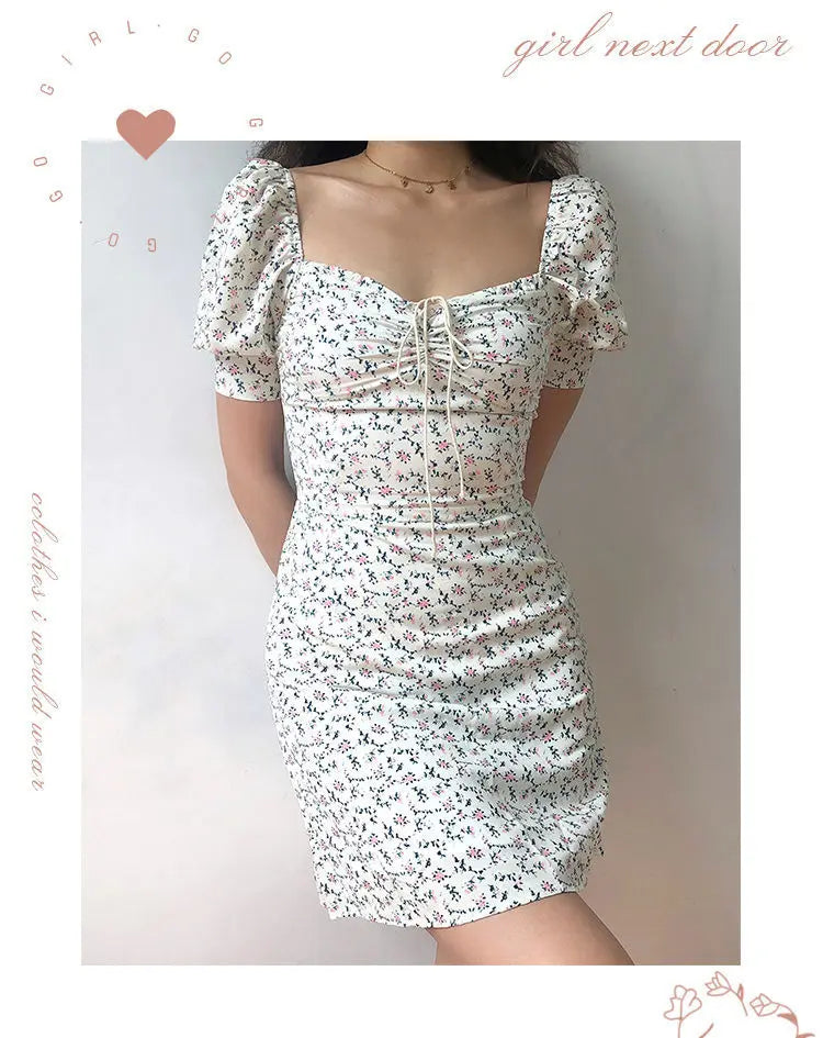 Y2K Floral Mini Dress Women Bandage Lace Puff Sleeve Summmer Skinny Slim Bodycon Prom Party High Waist Vintage Dresses Woman - Seprincess