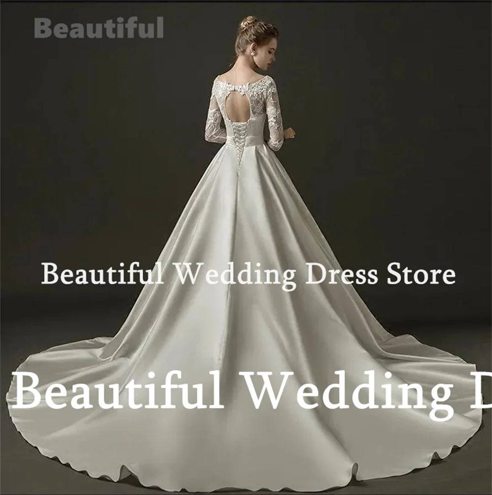 2024 White Wedding Dress For Women Lace Appliques V-Neck 3/4 Sleeves A-Line Satin Floor-Length Vestidos Sweep Train Bridal Gown - Seprincess