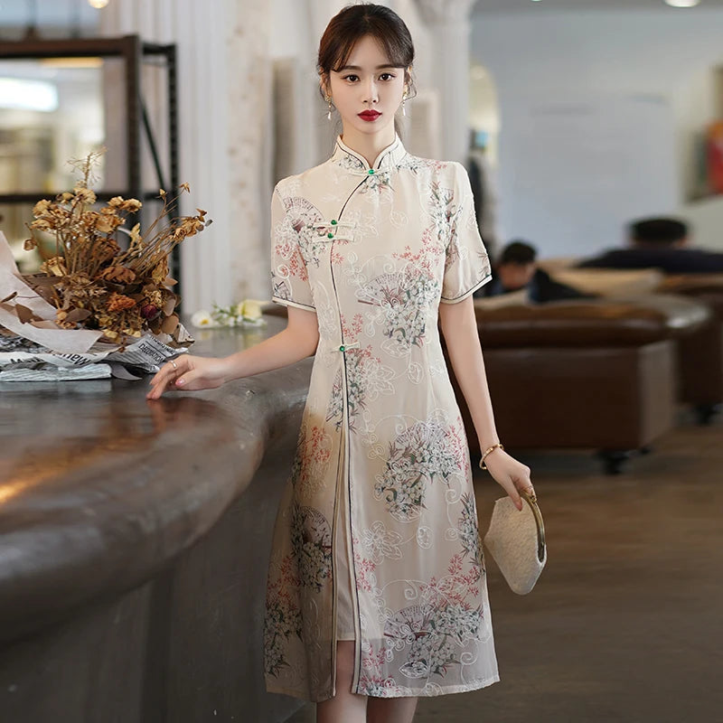 Retro Traditional Chinese Short Sleeve Cheongsam Clothing for Women Summer Modern Elegant Qipao Evening Dress - Seprincess