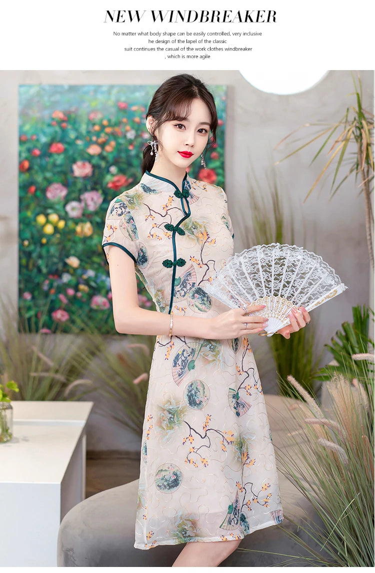 Fashion Modern Chinese Cheongsam A-line Dress Women Short Sleeve Qipao Traditional Chinese Clothes - Seprincess