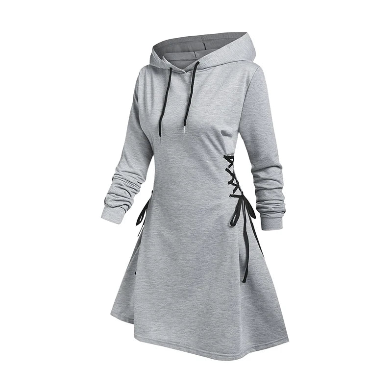 Dressfo 2024 Womens Hoodie Sweatshirts Dresses Plain Lace Up Drawstring Hooded Dress платье толстовка - Seprincess