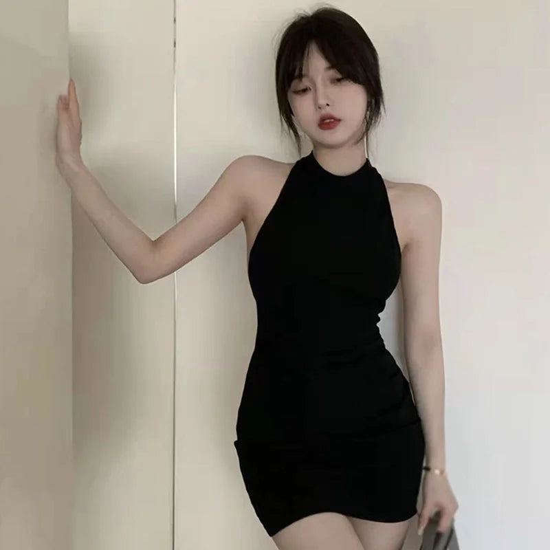 Slim fitting dress Short Backless Hanging neck Solid color Buttocks wrapped Tank top dress Tight fitting Women's dress - Seprincess