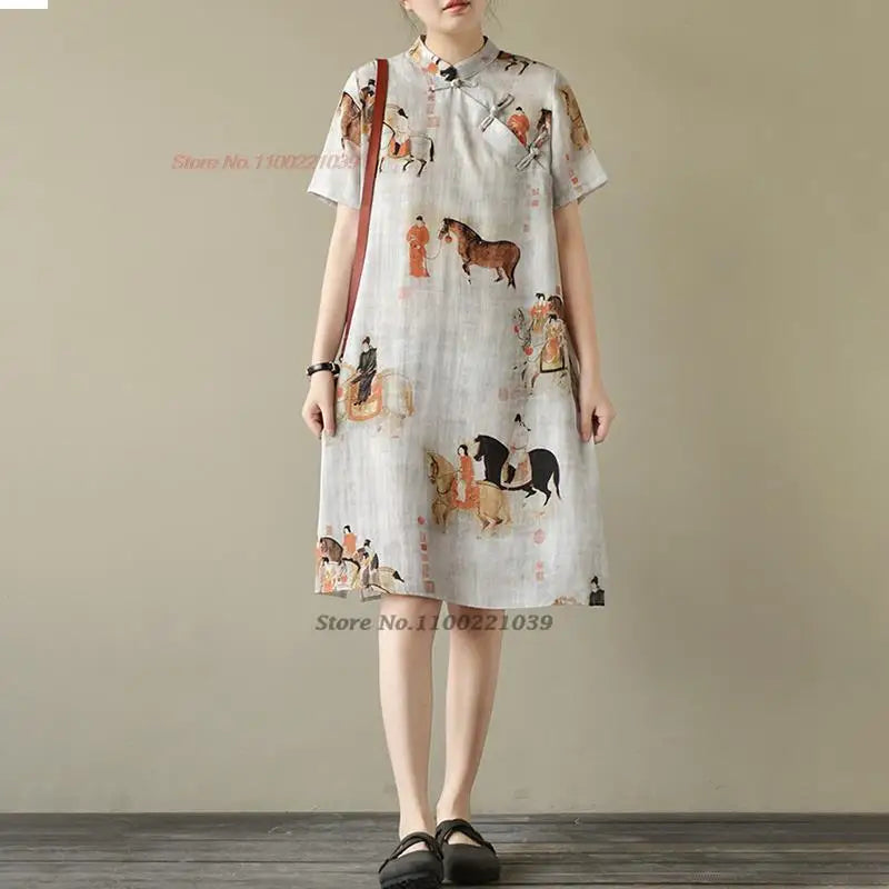 2024 chinese sleeveless dress vintage cheongsam dress national print cotton linen qipao chinese traditional dress a-line qipao - Seprincess