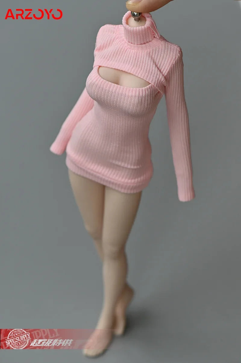 1/6 Female Soldier Sweater Slim Elastic High Neck Knit Pullover Sexy Open Chest Tops Mini Sweater Dress for 12" Action Figure - Seprincess