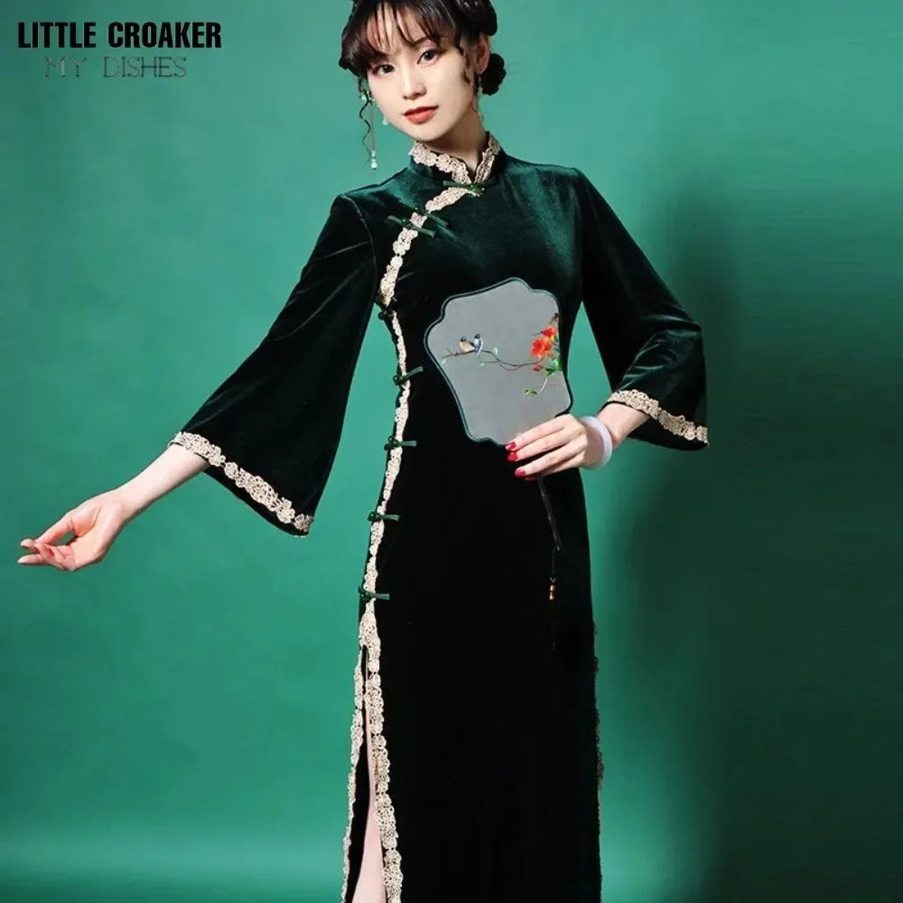 Cheongsam Chinese Traditional Dress Solud Color New Autumn Winter Long Temperament Flare Sleeve Velvet Improved Green Qipao 2024 - Seprincess