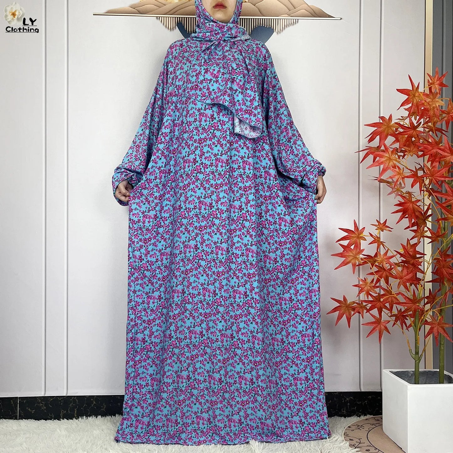 2024Latest Muslim Abayas For Women Ramadan Prayer Maxi Dubai Turkey Femme Cotton Robe Floral Loose African Dress Turban Attached - Seprincess