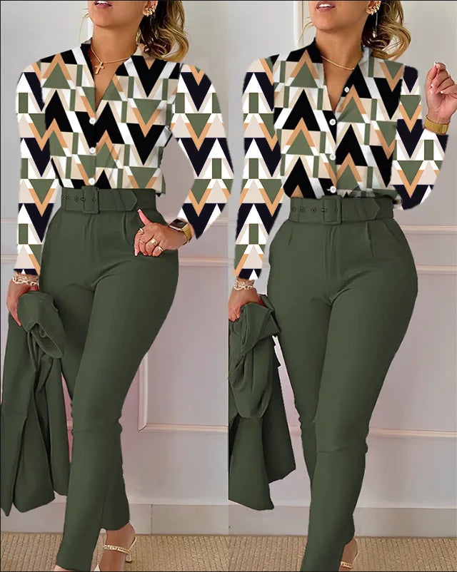 Elegant Women Printed Two Piece Suit Sets Spring Autumn V Neck Long Sleeve Shirt Top & Long Pants Set With Belt Workwear Outfits - Seprincess