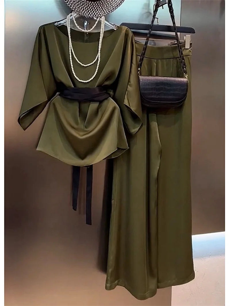 Summer New Luxury Women's Satin Outfits Elegant Office Lady Solid Loose T-Shirt Top + High Waist Wide Leg Pants 2 Piece Set 119P - Seprincess