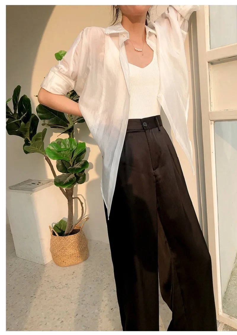 Summer Silk Satin Wide Leg Pants Thin Women Spring Office Straight Suit Trousers Classic Baggy Elegant High Waist Straight Pants