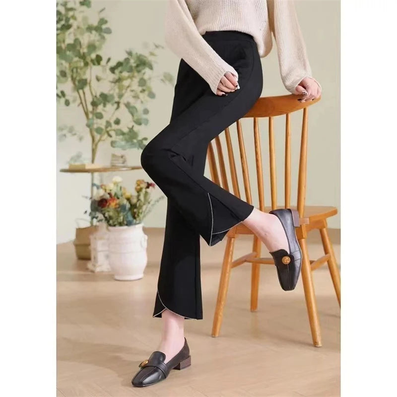 Women Korean Fashion Elegant Chic Flare Pants Autumn Winter Female Black High Waist Plush Thick Trousers Slim Pockets Pantalones