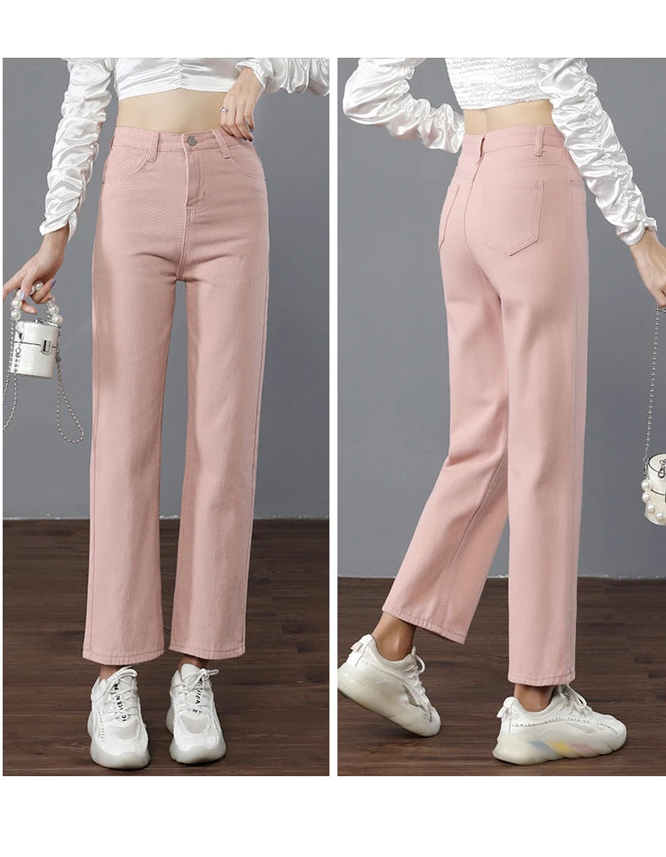 High Quality Korean Denim Jeans Women Straight Pants High Waist Thin White Pink Grey Green Trousers Ladies