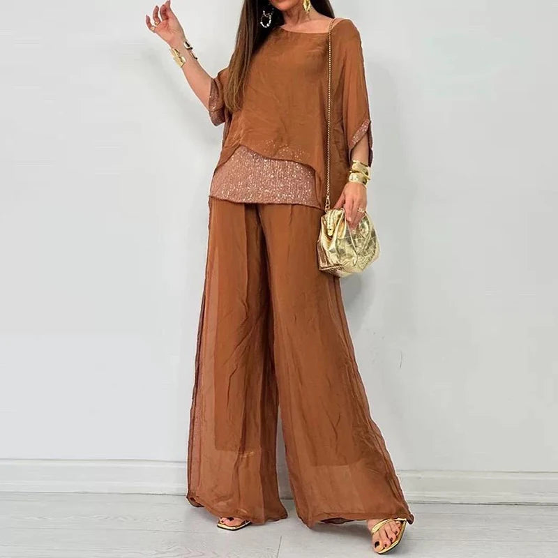 Spring Splicing Sequin Chiffon Set Women Casual Round Neck Top Pullover & Wide Leg Pants Suit Summer Batwing Sleeve Loose Outfit - Seprincess