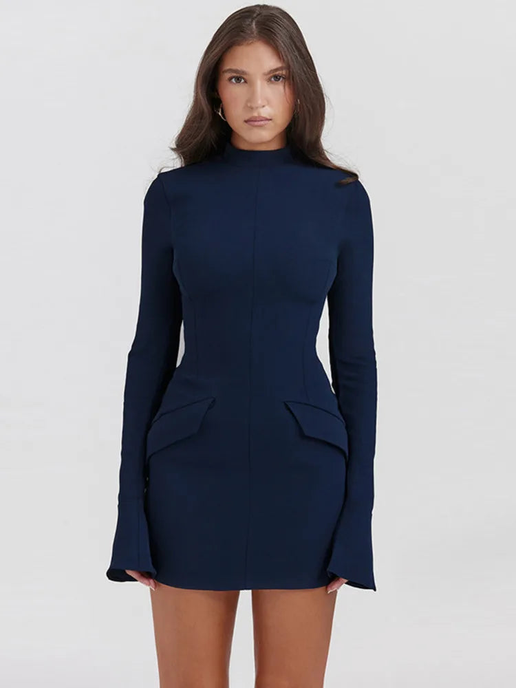 Mozision Dark Blue Two Pocket Sexy Mini Dress For Women 2023 Autumn Winter New Long Sleeve Bodycon Club Party Dress Elegant - Seprincess