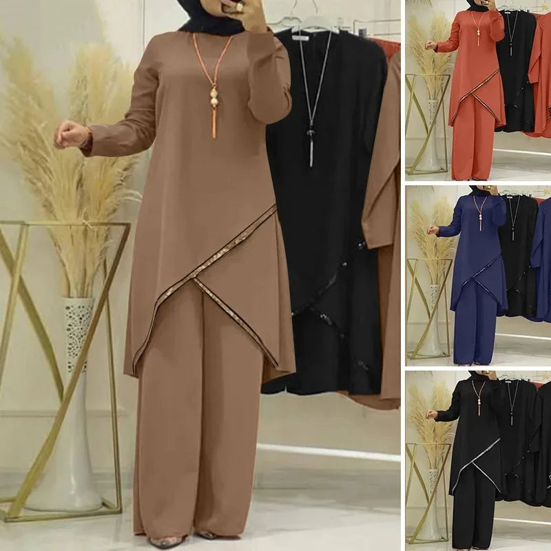 Women Eid Musulman Ensemble Muslim Sets Solid Blouses Wide Leg Pants Ramadan Morocco Two Pieces Dubai Kaftan Loose Modest - Seprincess