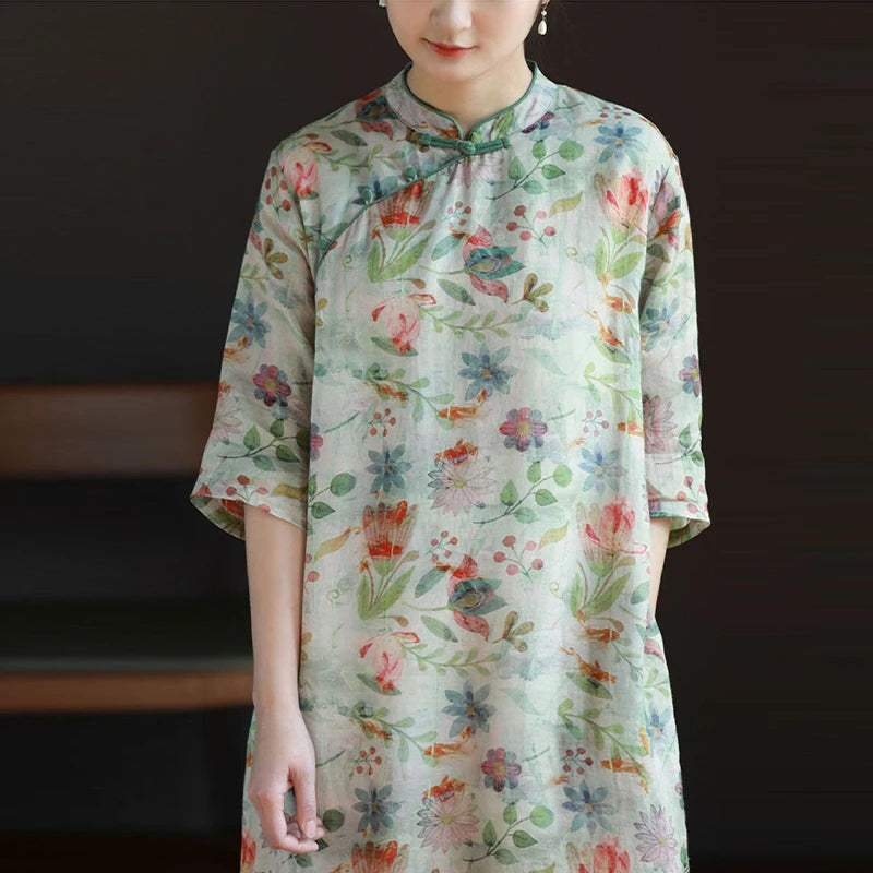 New Chinese Style Lady Cheongsam Qipao Summer Ethnic Elegant Floral Ramie Long Dress Standing Collar Retro Improved Qipao - Seprincess