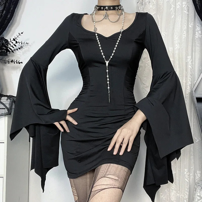 goth dark Cospaly Partywear Women Fashion Batwing Sleeve Mini Dress Elegant Slim Pleat Bodycon Dresses Mall Gothic Alt Teachwear - Seprincess