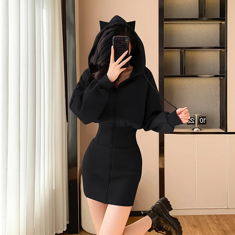 Korean Fashion Hoodie Dress Women Autumn Winter Long Sleeve Cat Ear Mini Dress Bodycon Dress Vestidos - Seprincess