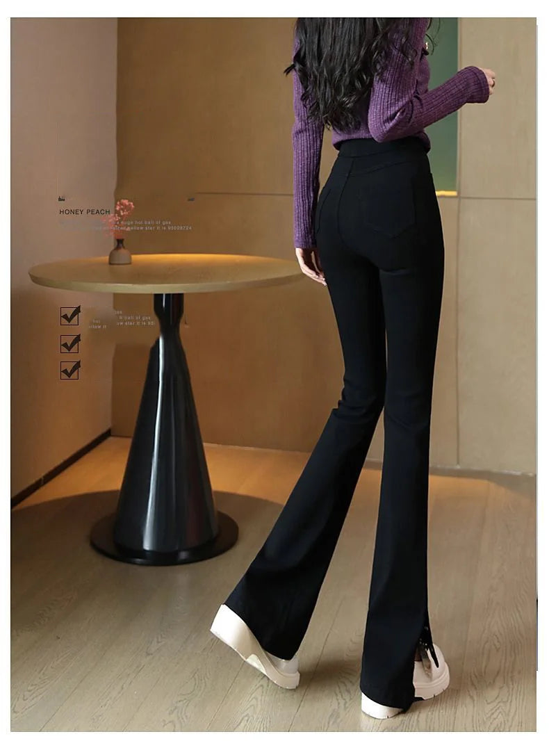 New Autumn Winter Pants High Waist Women Vintage Flared Pants Fashion Long Trousers Solid Slim Split Casual Pants Fur & Normal