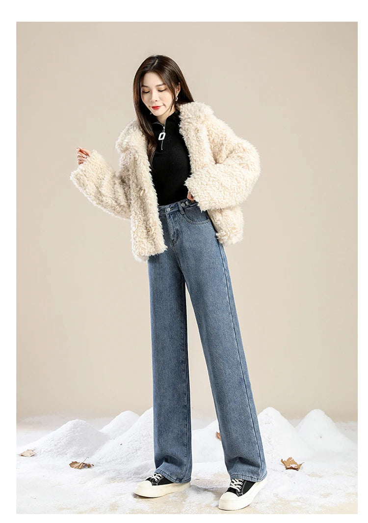 Women Pants 2023 Winter Fashion Korean Edition New Style Versatile High Waist Straight Cylinder Thick Fleece Wide Leg Jeans