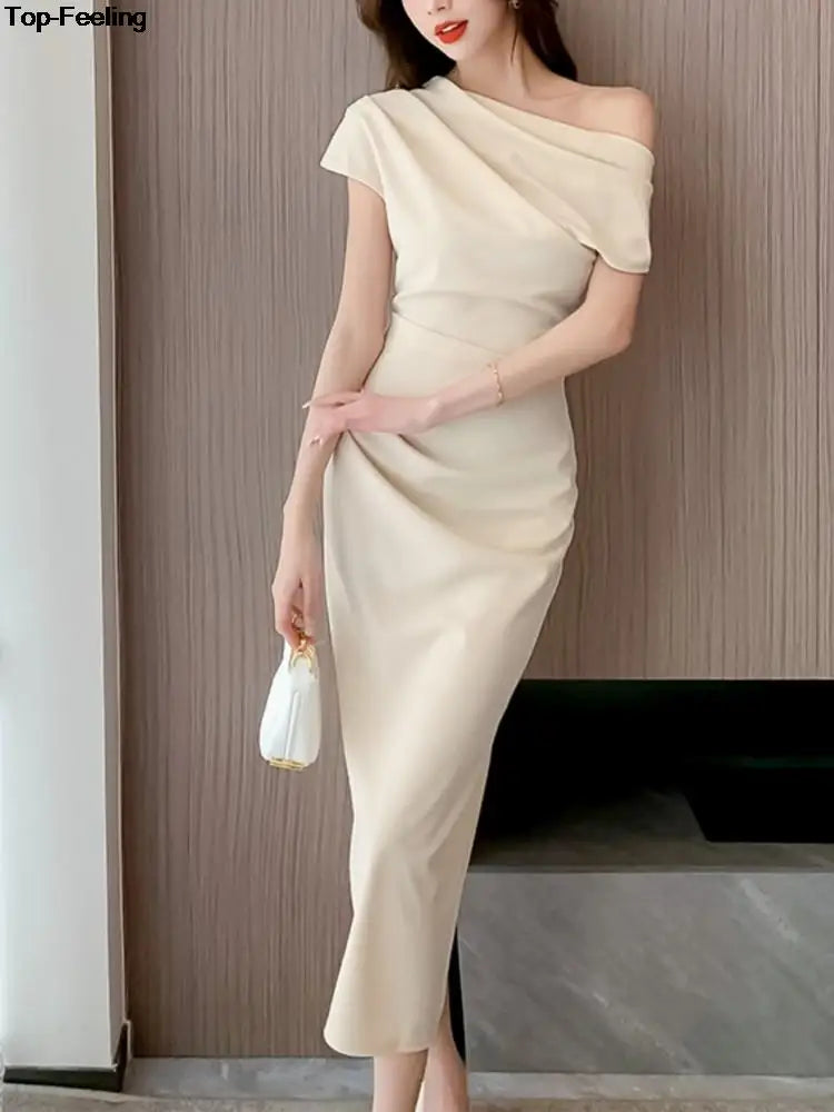 Elegant Off Shoulder Evening Party Dresses Women Summer Fashion Slim One Piece Solid Vestidos Korean Graduation Robe Clothing - Seprincess