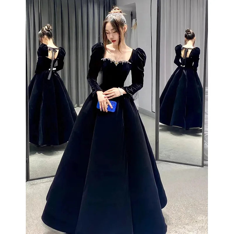 Chinese Bridal Wedding Qipao Sexy Square Neck Dress Pleated Cheongsam Formal Party Dresses Gown Long Sleeve Fairy Vestidos - Seprincess