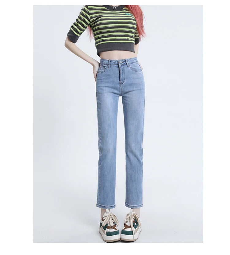 High Waisted Straight Slim Elastic Denim Jeans For Women Smoke Pipe 9,8 Pants Casual Brand Sexy Trousers Female