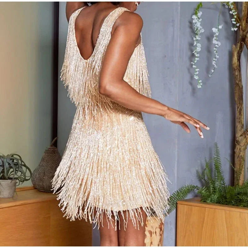 2024 Sexy Women's Fringed Sequin Feather Stitching Dress Summer Slim V-Neck Off Shoulder Dresses Female Backless Slip Mini Robe - Seprincess