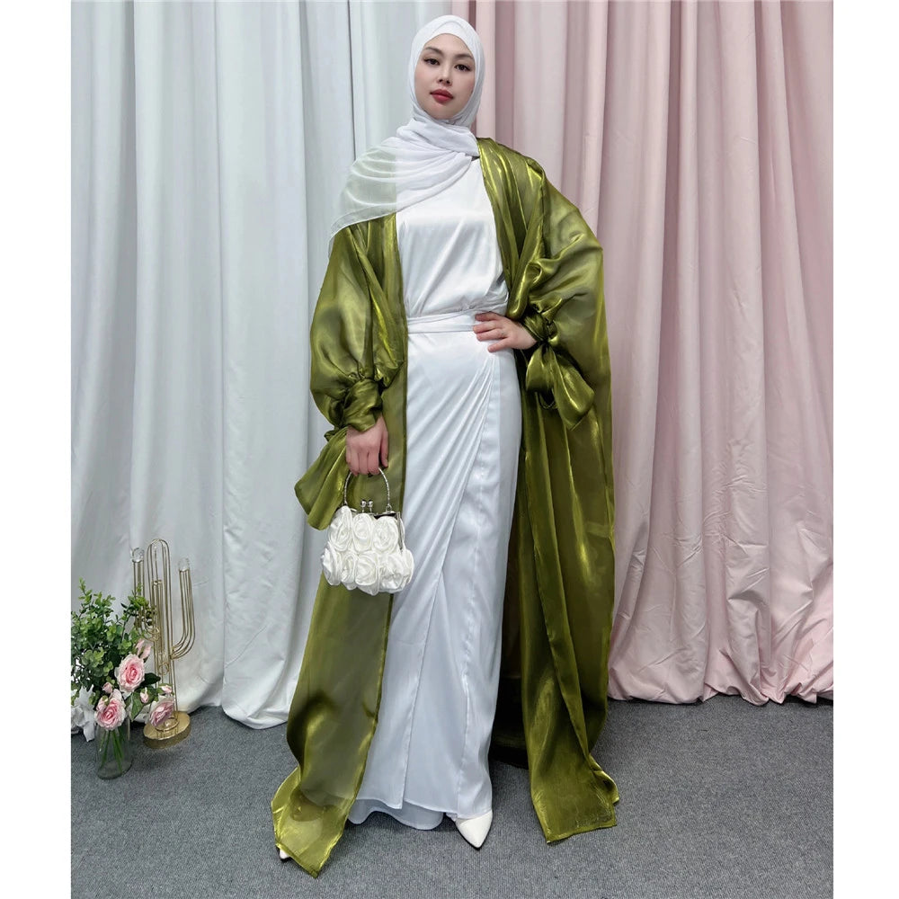 Shiny Satin Open Abaya Dubai Kaftan Women Muslim Kimono Cardigan Islamic Puff Sleeve Caftan Maxi Dress Robe Gown Turkey Jalabiya - Seprincess