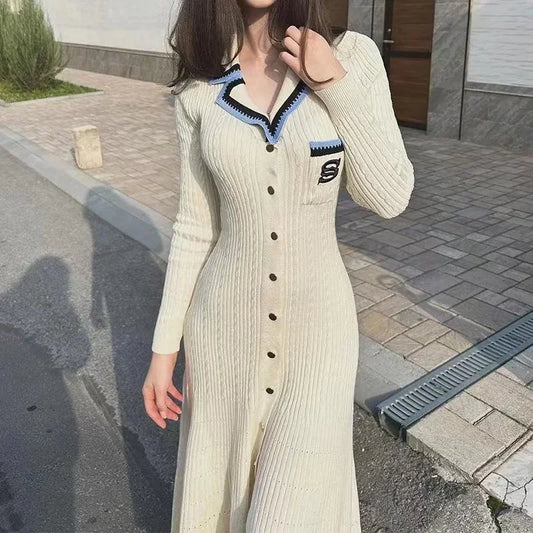 2024 Autumn Elegant Slim Knitted Long Dress Women's Letter Single Breasted Long Sleeved Designer Vintage Dresses Winter Sweater - Seprincess