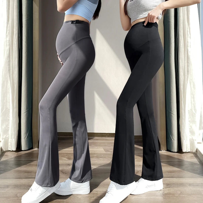 Boot Cut Nylon Legging for Maternity Spring Summer Adjustable Elastic Waist Pants for Pregnant Women Hot Slim Fit Pregnancy Wear