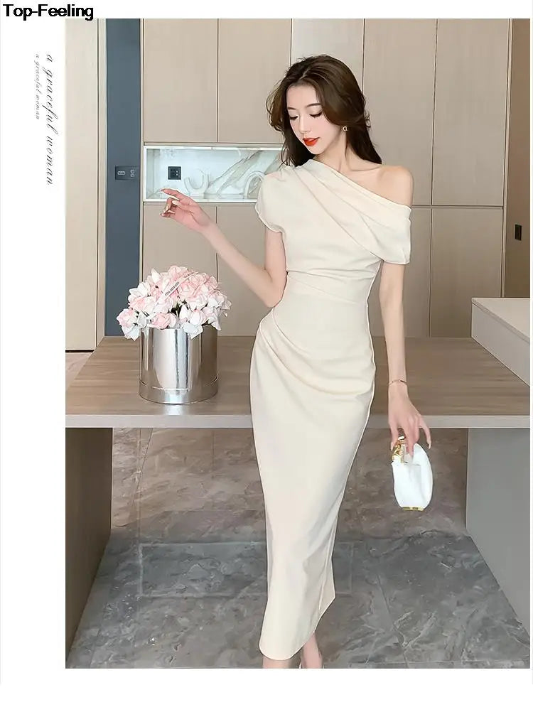 Elegant Off Shoulder Evening Party Dresses Women Summer Fashion Slim One Piece Solid Vestidos Korean Graduation Robe Clothing - Seprincess