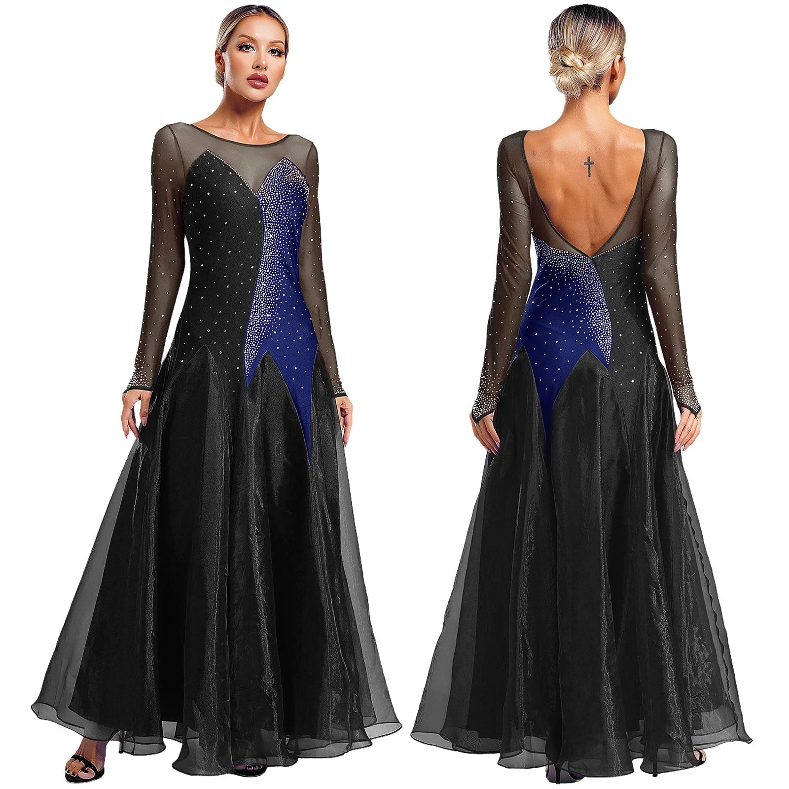 Womens Sheer Mesh Ballroom Dance Dresses Long Sleeve Shiny Rhinestones Dress for Lyrical Waltz Cha-Cha Performance Competition - Seprincess