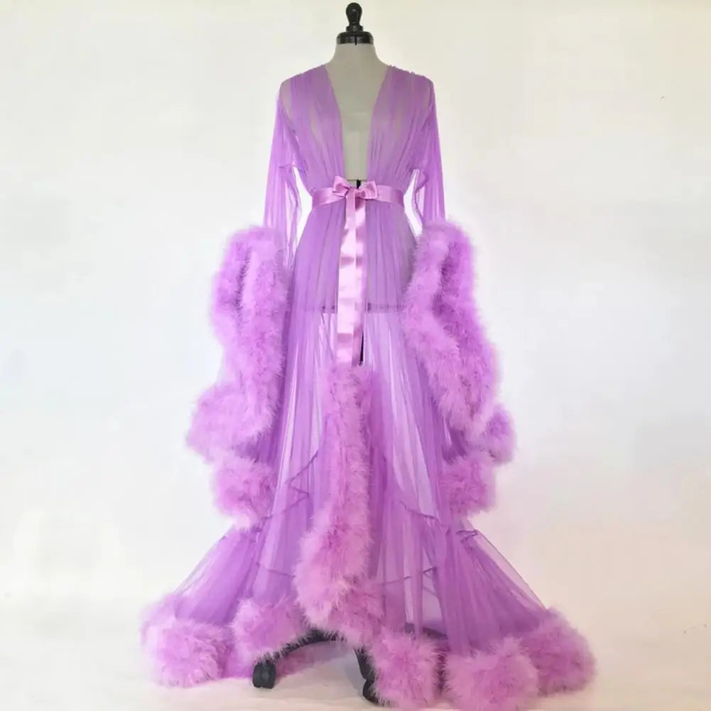 Bathrobe for Women Flare Sleeves Feather Bridal Robe Nightgown Silk Illusion Long Wedding Scarf Dressing Gown Photography Dress - Seprincess