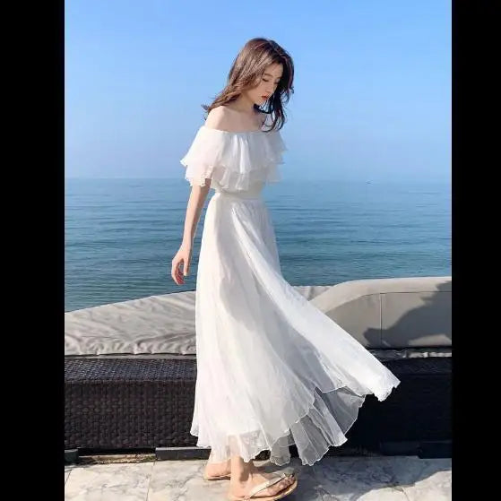 Women's Summer Beach Style Chiffon White Long Dress Lady Graceful Fairy Layers Ruffles Off-Shoulder Dresses Evening Party Gown - Seprincess