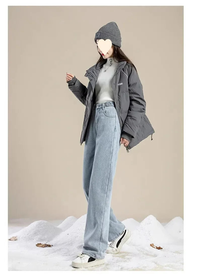 Thickened Fleece-Lined Warm Straight-Leg Jeans Design Adjustable High-Waisted Slimming Bell Bottoms Winter New Arrival