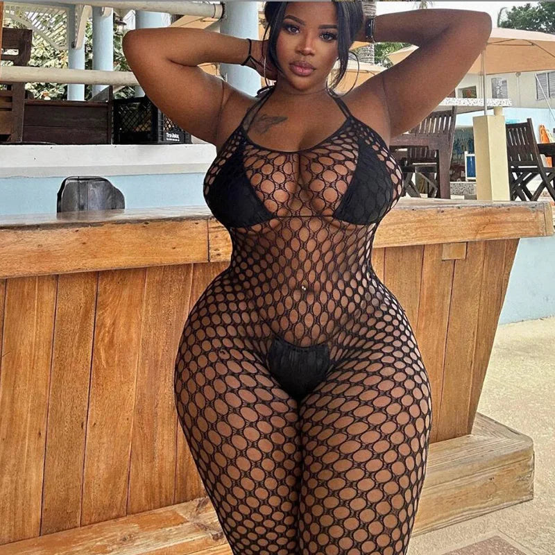 Exotic Crotchless Sexy Lingerie Fishnet Bodystocking Mesh Bodysuit Porno Costumes for Plus Size Women