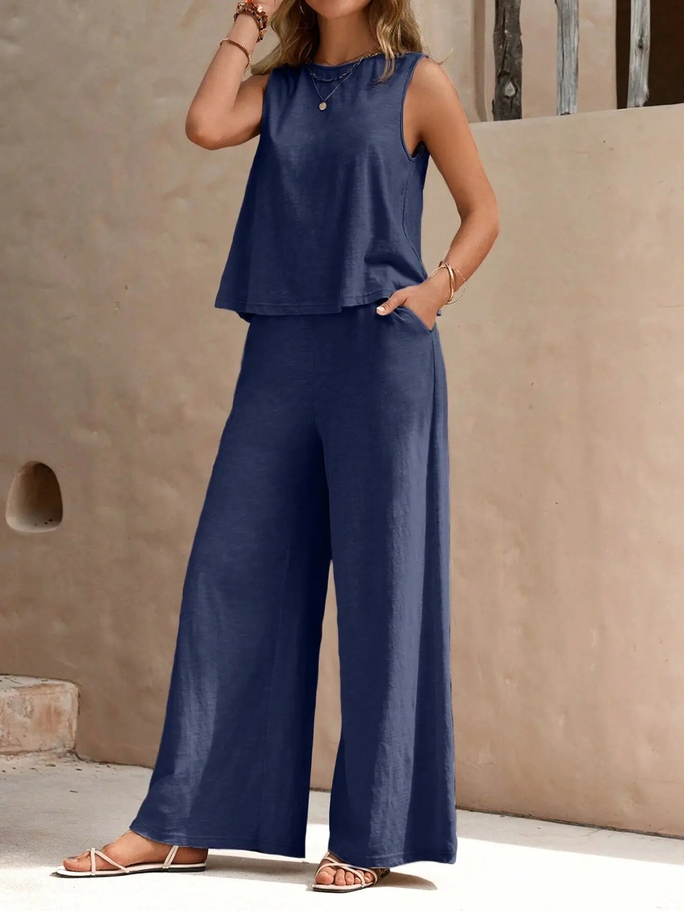 Women's Set 2024 Summer New Yellow Round Neck Sleeveless Shirt Wide Leg Pants Two Piece Set For Women Versatile Casual Outfits