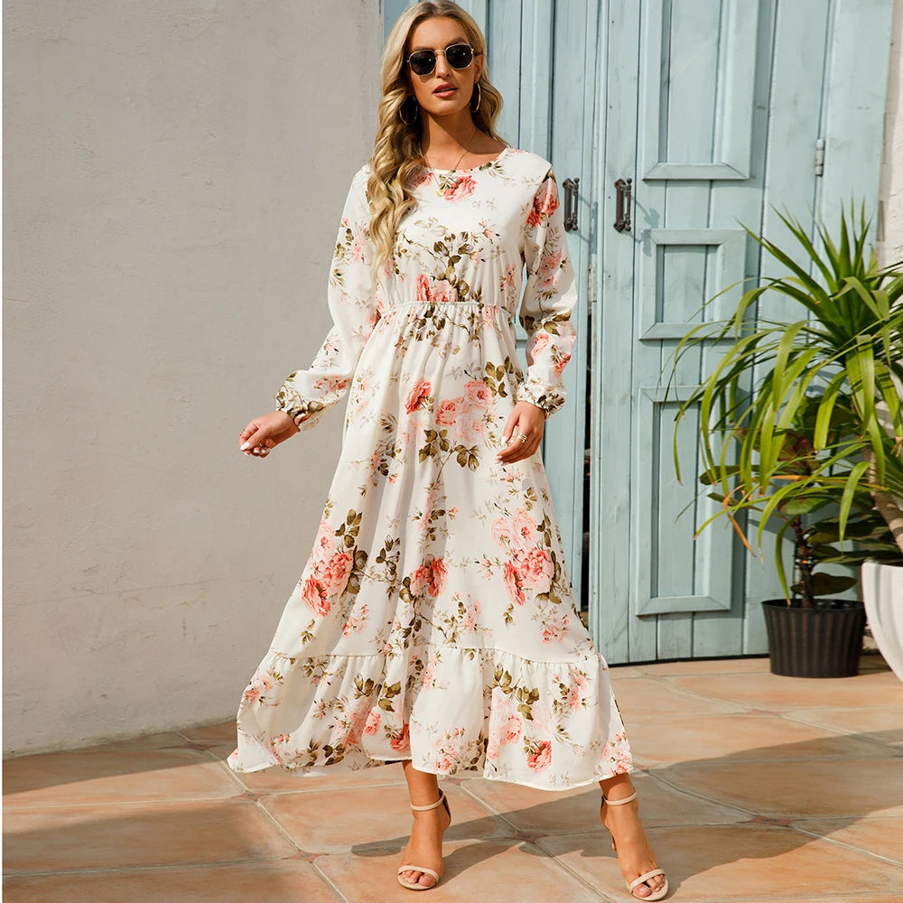 Women Maxi Dresses Sping Autumn Bohemian Casual Full Sleeve High Waist Beach Woman Chiffon Dresses Floral Vestidoes Long Dress - Seprincess