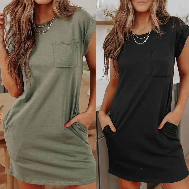 Summer New Loose Casual Women's T-shirt Fashion Round Neck Short Sleeve Pocket Dress Commuter - Seprincess